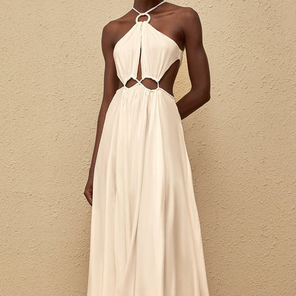 Destiny White Maxi Dress Halterneck Open Back Cut-Out Detailing Fitted Waistline Pleated Skirt Self-Tie Embellishments Rear Tie Fastening 100% Terylene Fiber