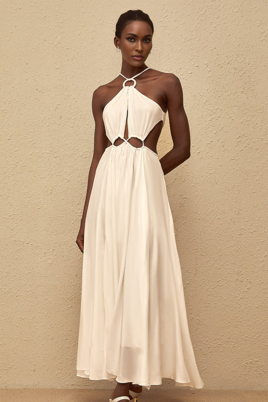 Destiny White Maxi Dress Halterneck Open Back Cut-Out Detailing Fitted Waistline Pleated Skirt Self-Tie Embellishments Rear Tie Fastening 100% Terylene Fiber