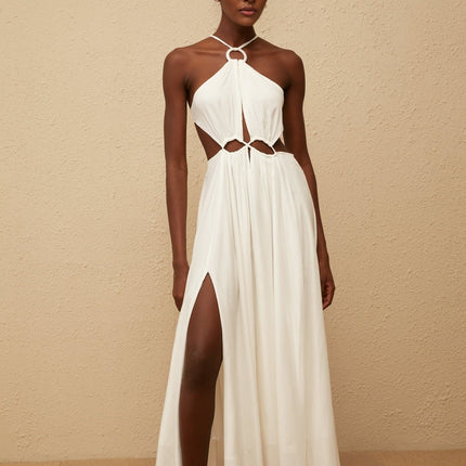 Destiny White Maxi Dress with Halterneck Design and Cut-Out Detailing
