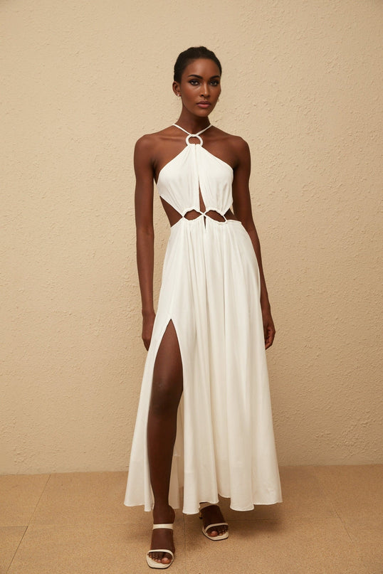 Destiny White Maxi Dress with Halterneck Design and Cut-Out Detailing