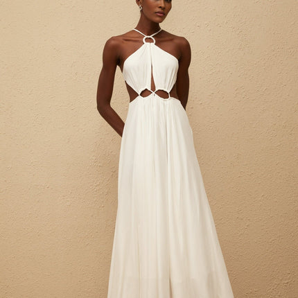 Destiny White Halterneck Maxi Dress with Open Back and Cut-Out Detailing