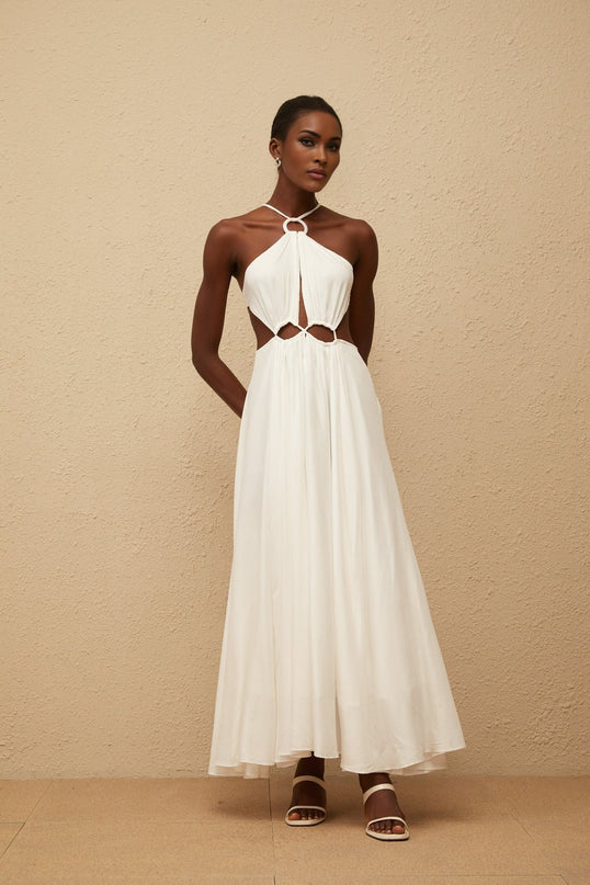 Destiny White Halterneck Maxi Dress with Open Back and Cut-Out Detailing
