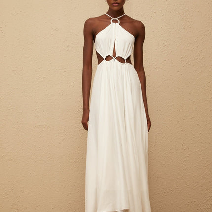 Destiny White Maxi Dress with Halterneck Design and Cut-Out Detailing