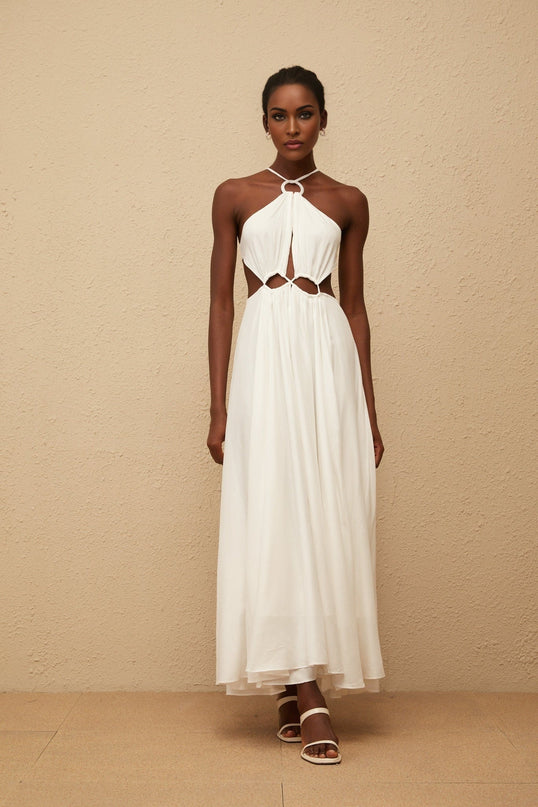 Destiny White Maxi Dress with Halterneck Design and Cut-Out Detailing