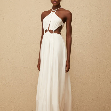 Destiny White Maxi Dress with Halterneck Design and Cut-Out Detailing