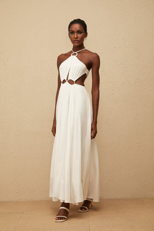 Destiny White Maxi Dress with Halterneck Design and Cut-Out Detailing