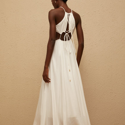 Destiny White Halterneck Maxi Dress with Open Back and Cut-Out Detailing