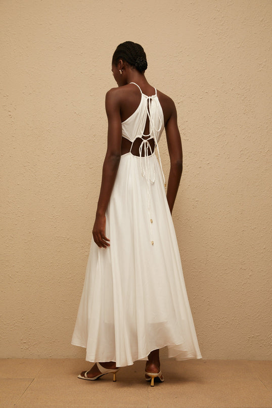 Destiny White Halterneck Maxi Dress with Open Back and Cut-Out Detailing