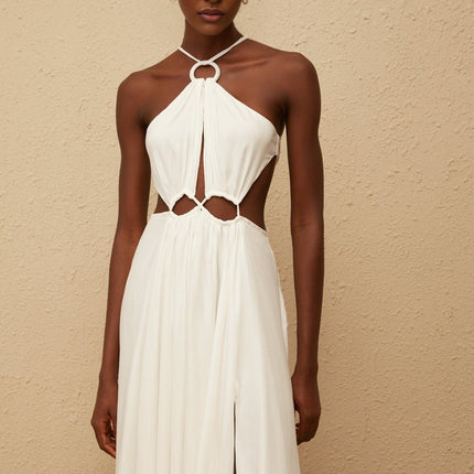 Destiny White Halterneck Maxi Dress with Cut-Out Detailing and Pleated Skirt