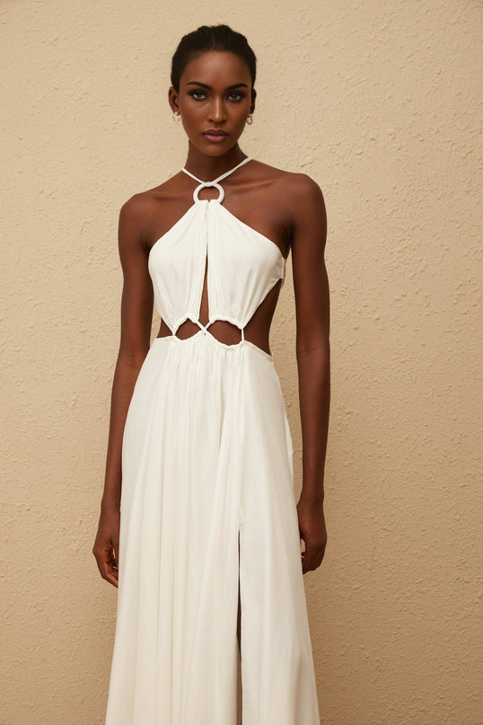 Destiny White Halterneck Maxi Dress with Cut-Out Detailing and Pleated Skirt