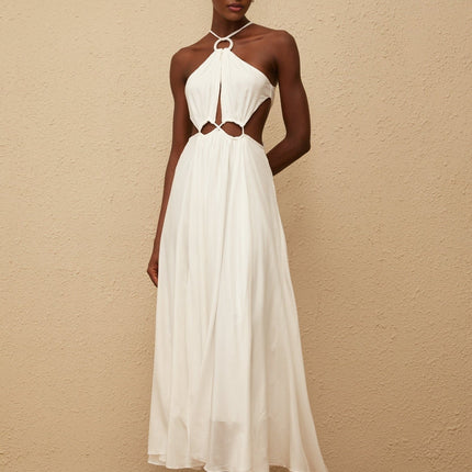 Destiny White Maxi Dress with Halterneck Design and Cut-Out Detailing