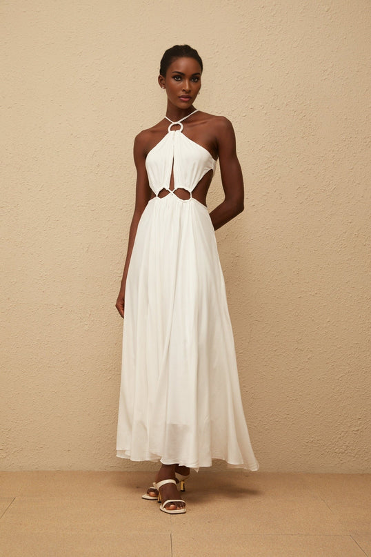 Destiny White Maxi Dress with Halterneck Design and Cut-Out Detailing