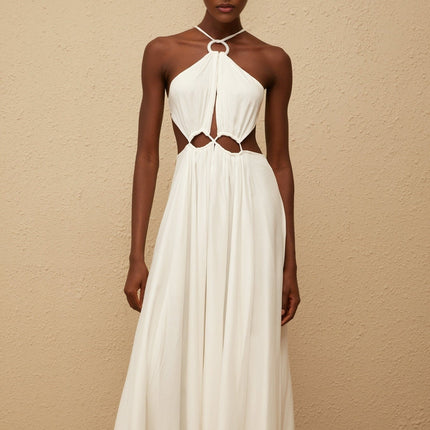 Destiny White Halterneck Maxi Dress with Open Back and Cut-Out Detailing