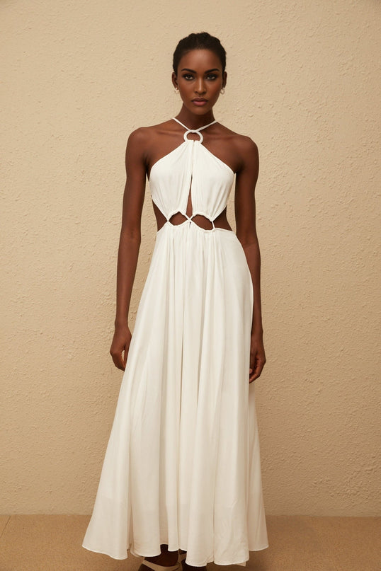 Destiny White Halterneck Maxi Dress with Open Back and Cut-Out Detailing