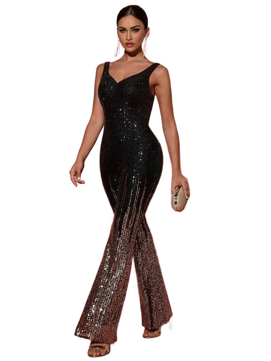 Diamond Neckline Sleeveless Open Back Sequin Ombre Color Elegant Jumpsuit PartyEvening Wear
