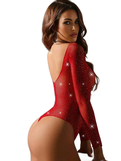 Diamond Studded Shiny Fishing Net Outfit Sexy Lingerie Jumpsuit Sexy Fashion Net Outfit High