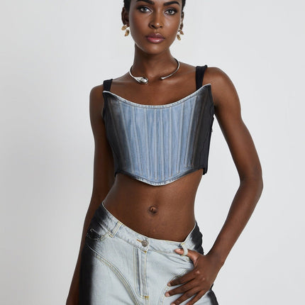 Diana Blue Black Denim Top Cropped Stretch Jersey