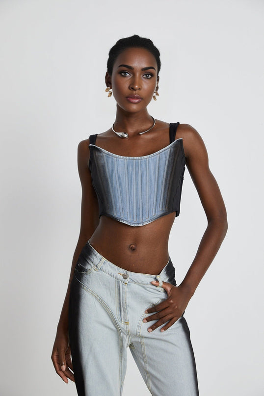 Diana Blue Black Denim Top Cropped Stretch Jersey