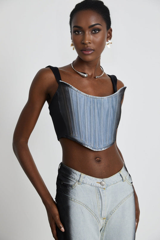 Diana Blue and Black Denim Stretch Jersey Top