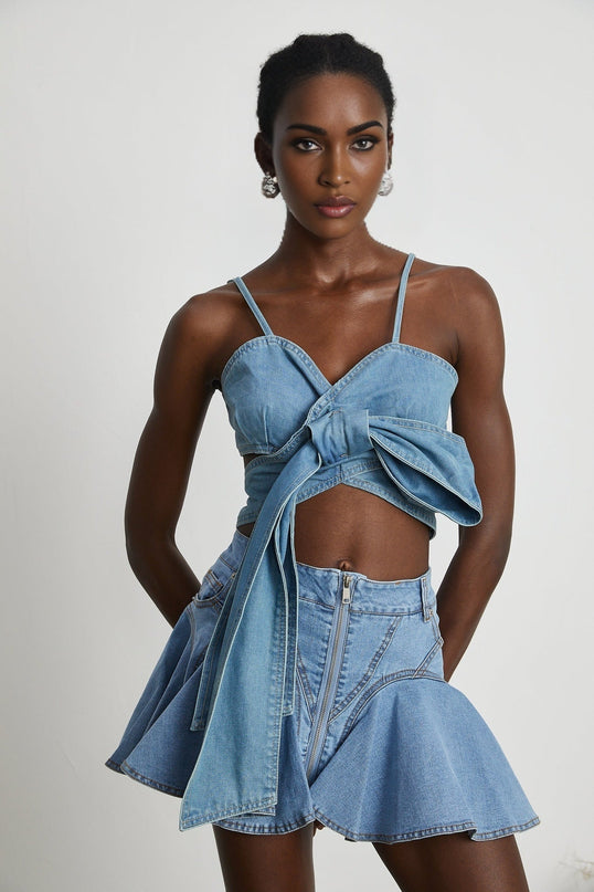 Diana Blue Denim Skirt with Flounce Hem and Pleat Detailing