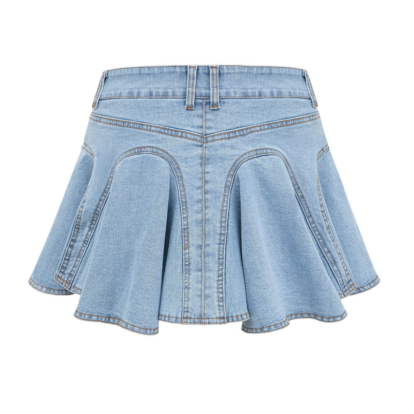 Diana Blue Denim Skirt with Flounce Hem and Pleat Detailing