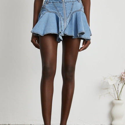Diana Blue Denim Skirt Flounce Hem Pleat Ruffle Pockets Zip Thigh Length