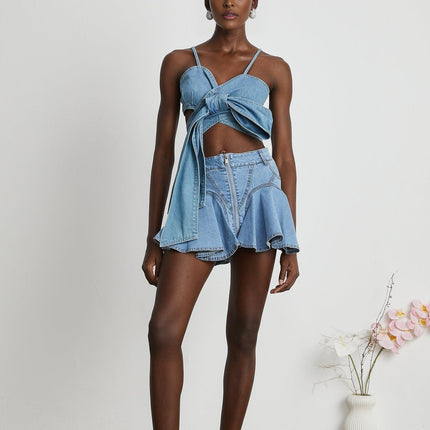 Diana Blue Denim Skirt with Flounce Hem and Pleat Detailing