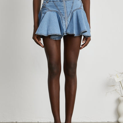 Diana Blue Denim Skirt with Flounce Hem and Pleat Detailing