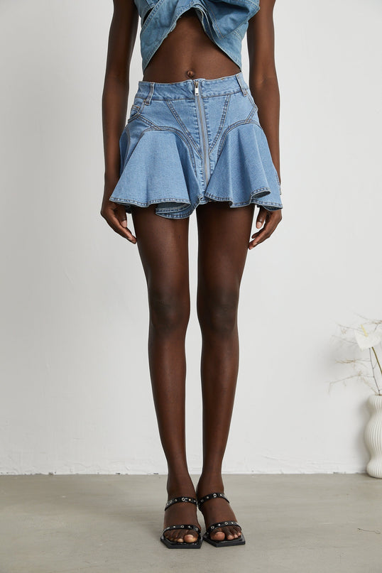 Diana Blue Denim Skirt with Flounce Hem and Pleat Detailing