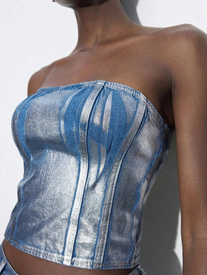 Diana Denim Top Strapless Corset with Stitch Details in Blue - Blue