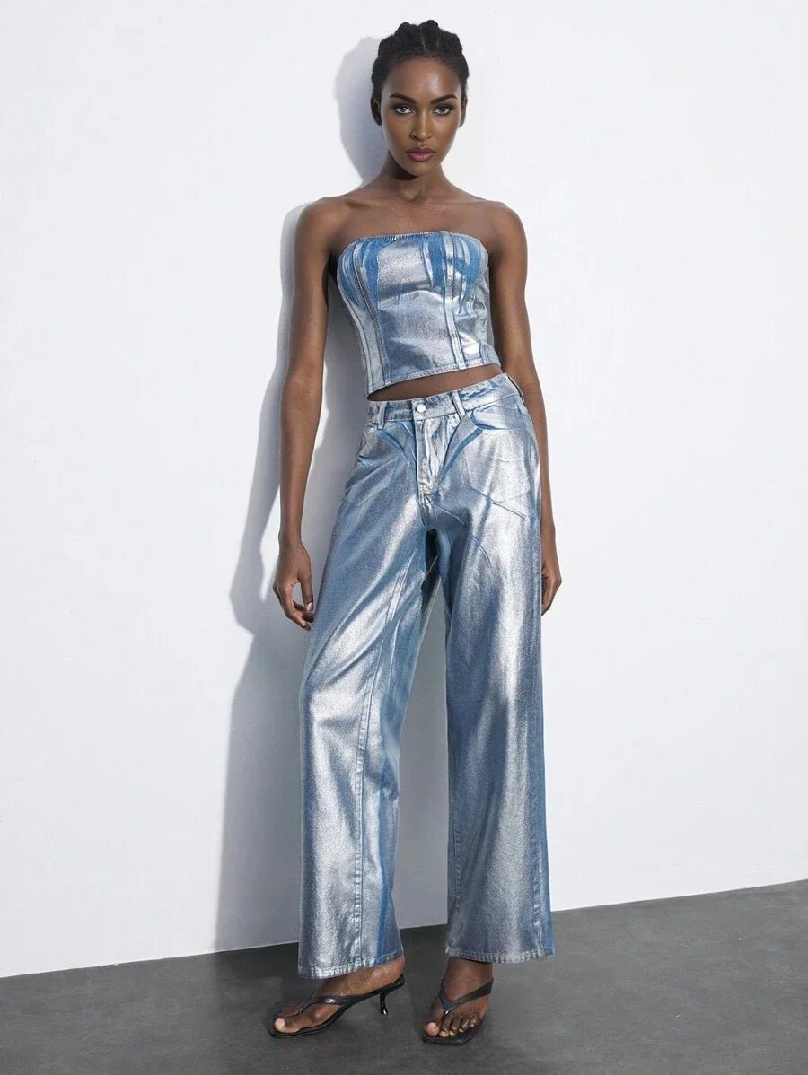 Diana Denim Top Strapless Corset with Stitch Details in Blue - Blue