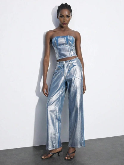 Diana Denim Top Strapless Corset with Stitch Details in Blue - Blue