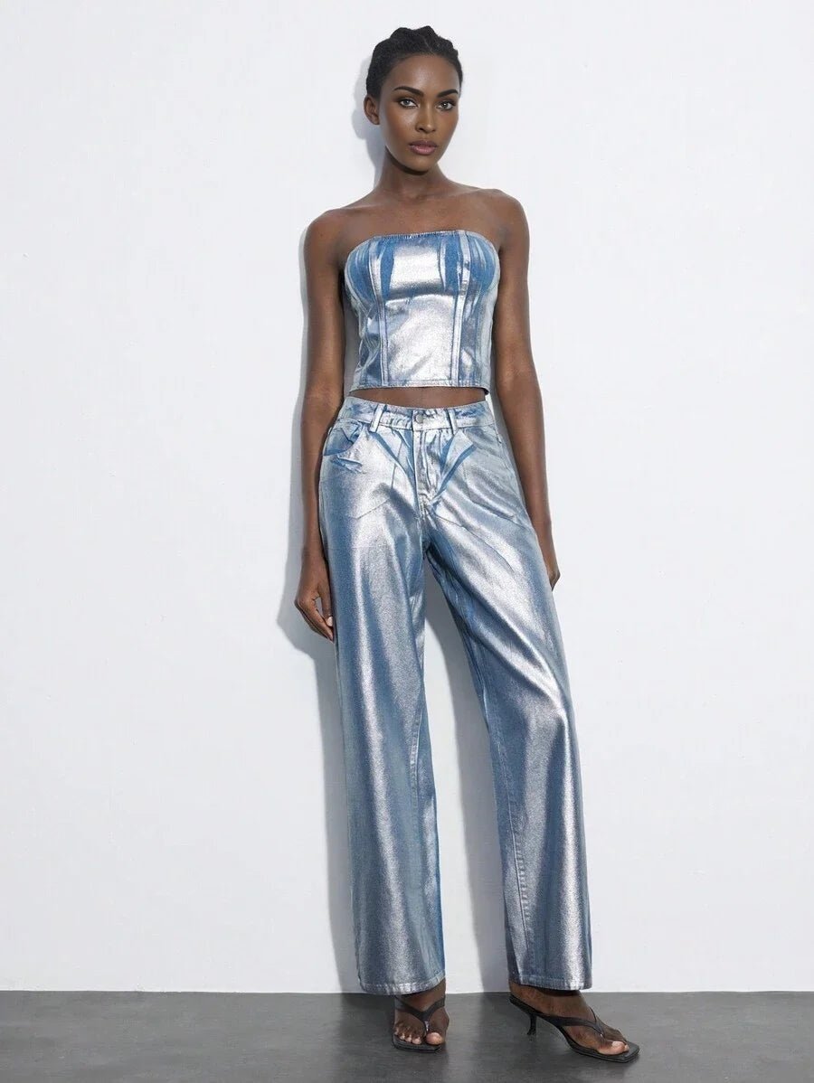 Diana Denim Top Strapless Corset with Stitch Details in Blue - Blue
