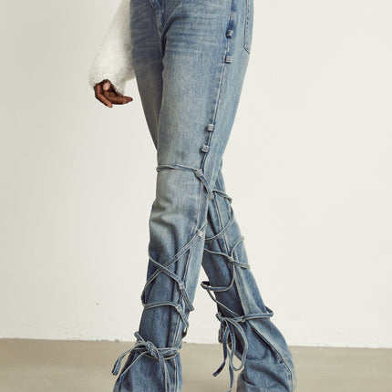 Diana Light Blue Denim Jeans with Strap Detailing and Whiskering Effect