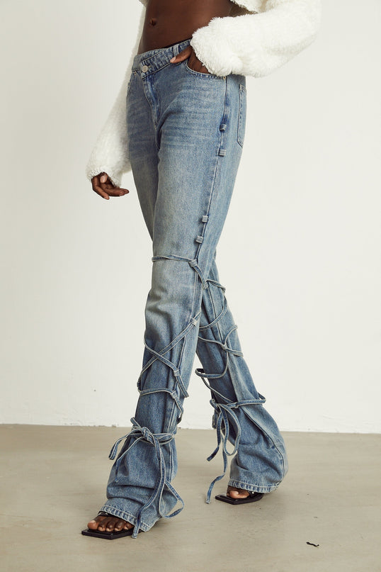 Diana Light Blue Denim Jeans with Strap Detailing and Whiskering Effect