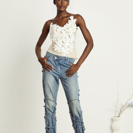 Diana Light Blue Denim Jeans with Strap Detailing and Whiskering Effect