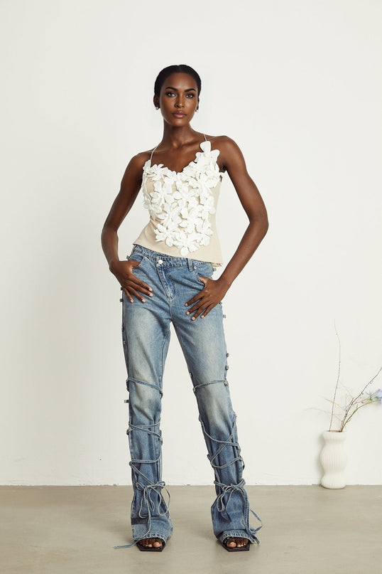 Diana Light Blue Denim Jeans with Strap Detailing and Whiskering Effect