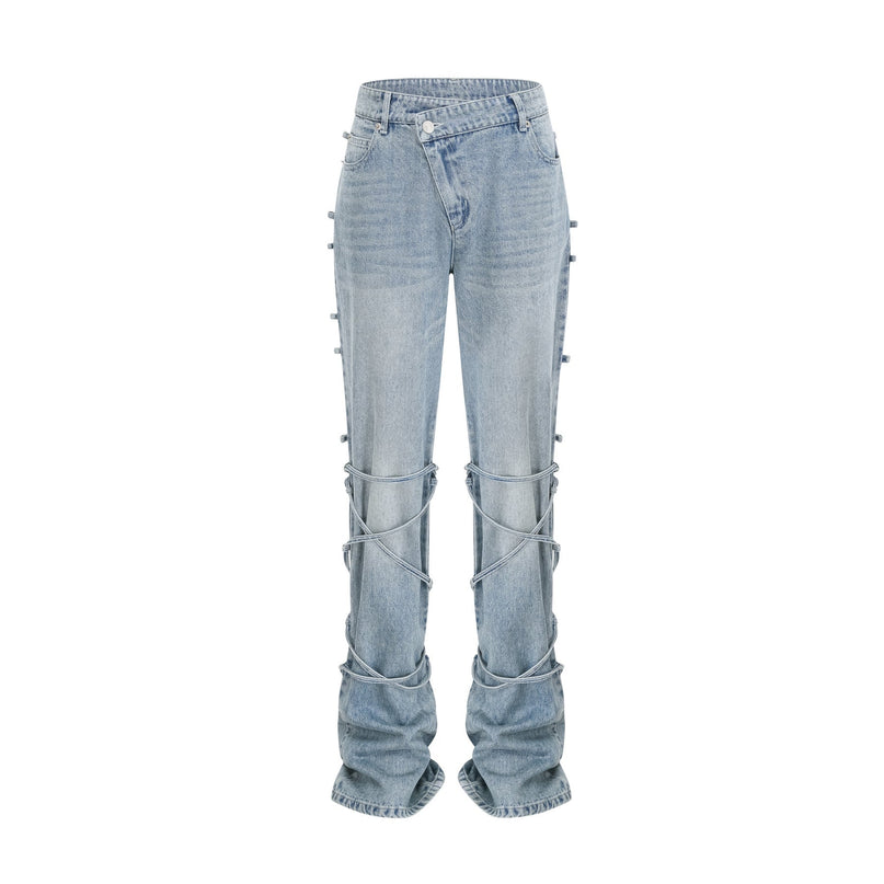 Diana Light Blue Denim Jeans with Strap Detailing and Whiskering Effect