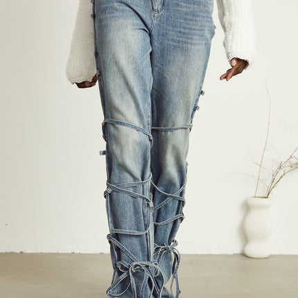 Diana Light Blue Denim Jeans with Strap Detailing and Whiskering Effect