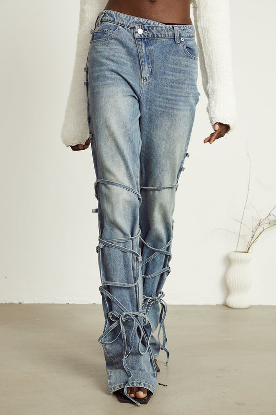 Diana Light Blue Denim Jeans with Strap Detailing and Whiskering Effect