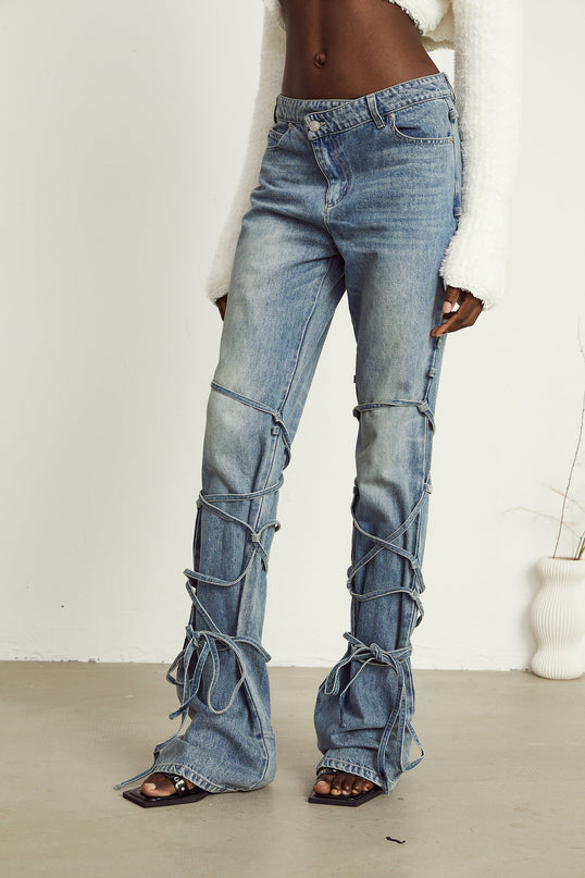 Diana Light Blue Denim Jeans with Strap Detailing and Whiskering Effect