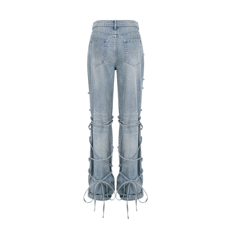 Diana Light Blue Denim Jeans with Strap Detailing and Whiskering Effect