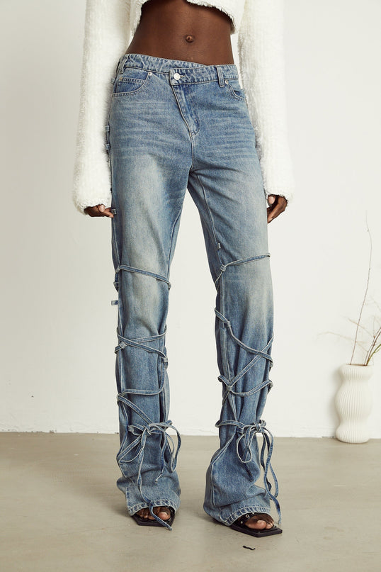 Diana Light Blue Denim Jeans with Strap Detailing and Whiskering Effect