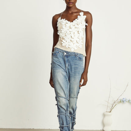 Diana Light Blue Denim Jeans with Strap Detailing and Whiskering Effect
