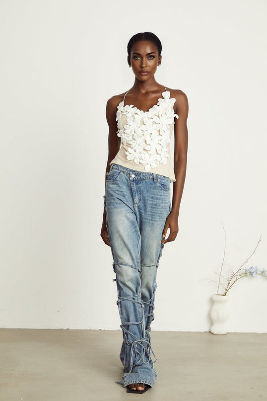 Diana Light Blue Denim Jeans with Strap Detailing and Whiskering Effect