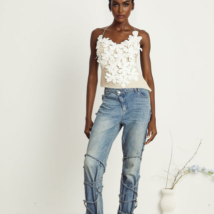 Diana Light Blue Denim Jeans with Strap Detailing and Whiskering Effect