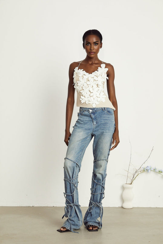 Diana Light Blue Denim Jeans with Strap Detailing and Whiskering Effect