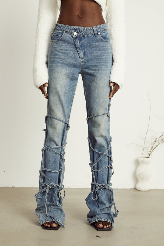 Diana Light Blue Premium Denim Jeans with Strap Detailing and Whiskering Effect