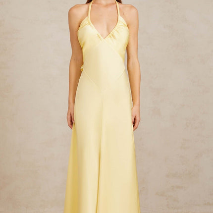 Diana Maxi Dress in Radiant Yellow Halterneck Sleeveless Open Back Self-Tie Cinched Waist Ruched Detailing Flared Hem 100% Terylene Fiber Special Occasions Chic Daytime Event Luxurious Ensemble