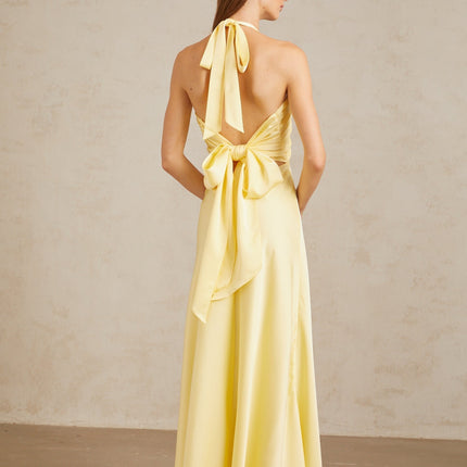 Diana Maxi Dress Yellow Halterneck Sleeveless Open Back Ruched Flared Hem Terylene Fiber